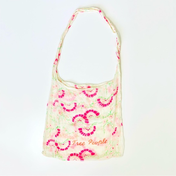 Free People Cream & Pink Floral Cheesecloth Reusable Boho Tote Bag - Picture 3 of 12